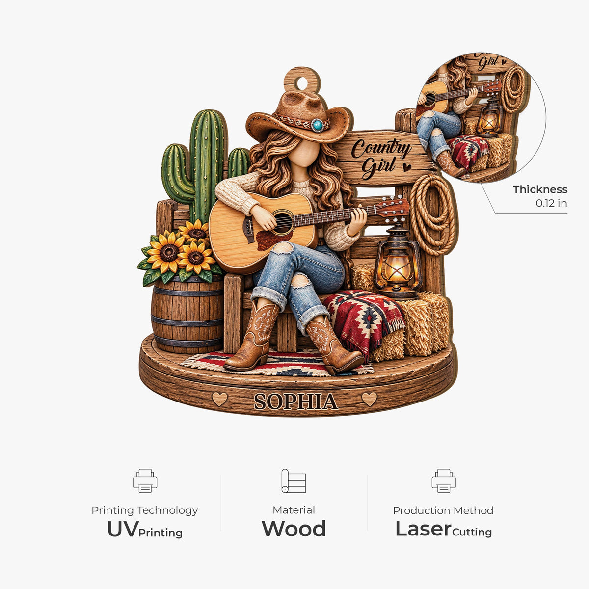 Country Girl Guitarist Personalized Wooden Ornament - Country Music Lovers Keepsake Gift
