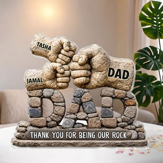 Personalized gift for dad featuring custom shaped rock texture fist bump plaque with kids names