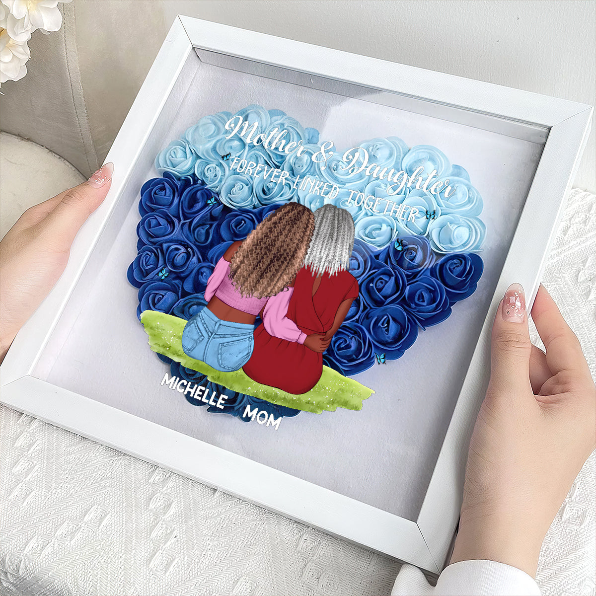 Mother & Daughter Forever Linked Together - Personalized Heart Flower Shadow Box