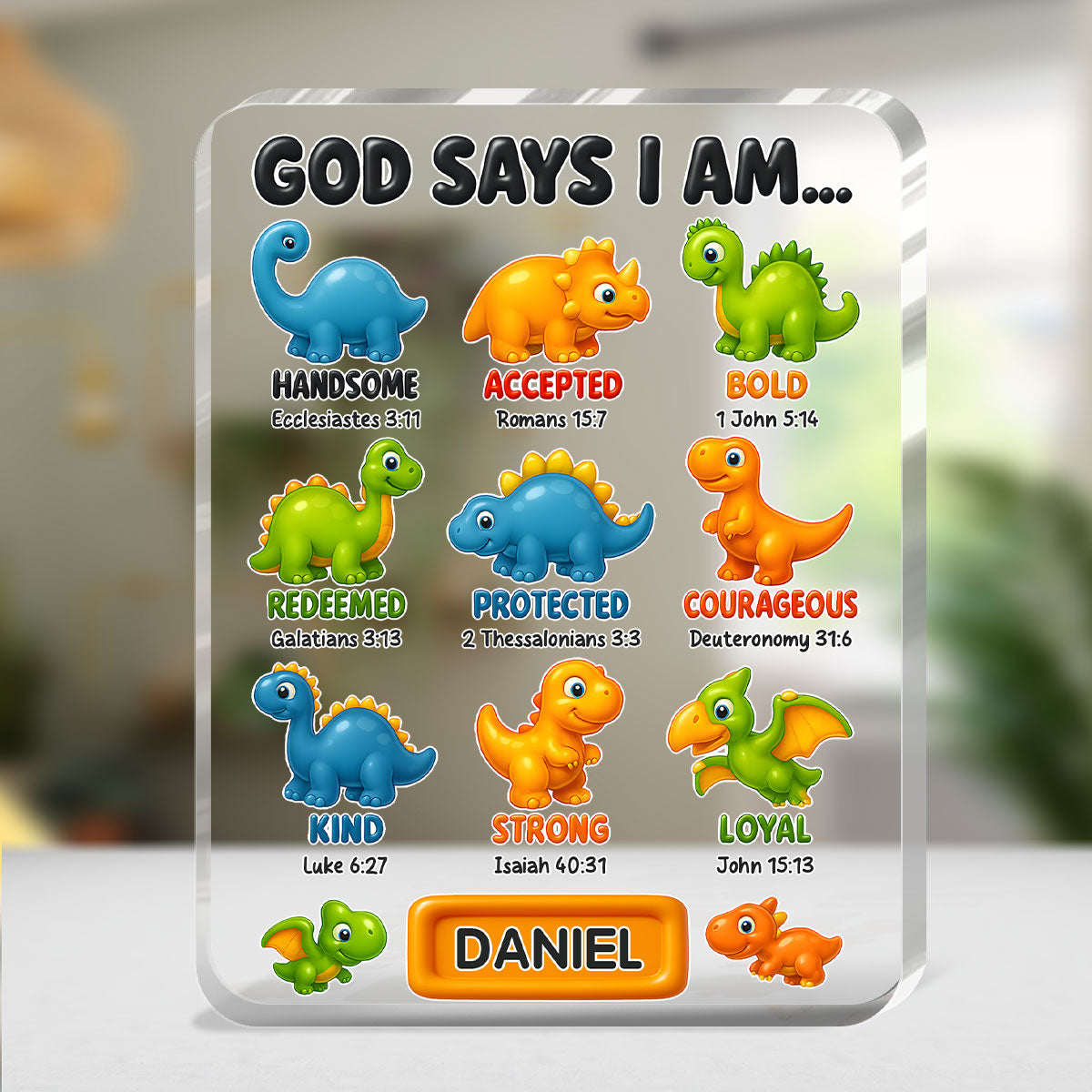 Faith-Filled Dinosaurs: Who God Says I Am - Personalized Acrylic Plaque