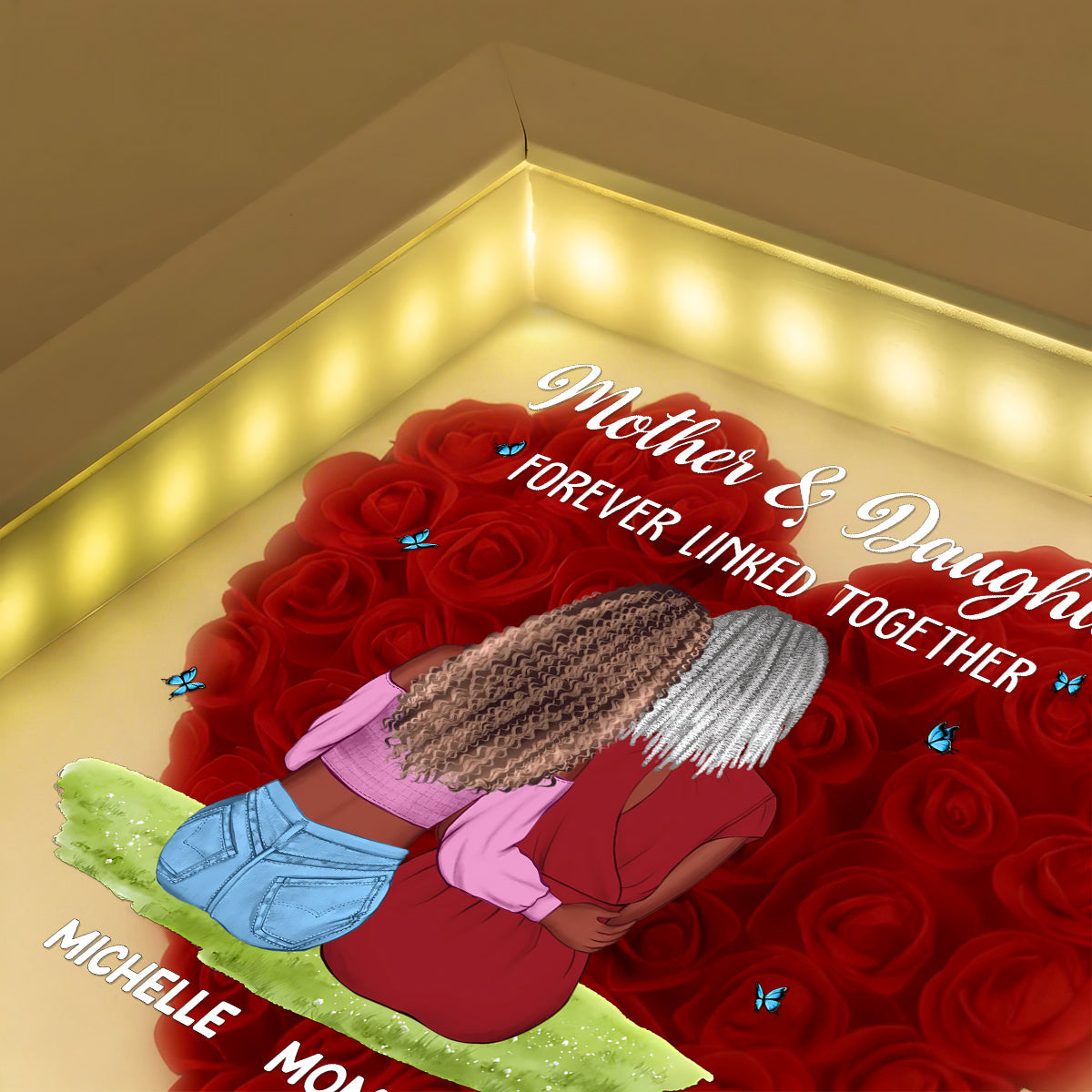 Mother & Daughter Forever Linked Together - Personalized Heart Flower Shadow Box