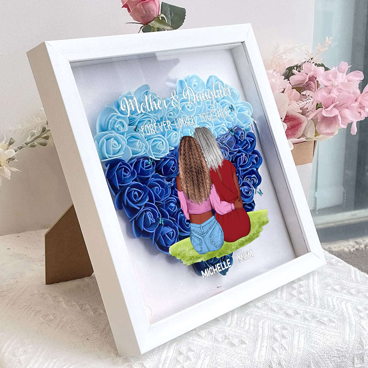 Mother & Daughter Forever Linked Together - Personalized Heart Flower Shadow Box