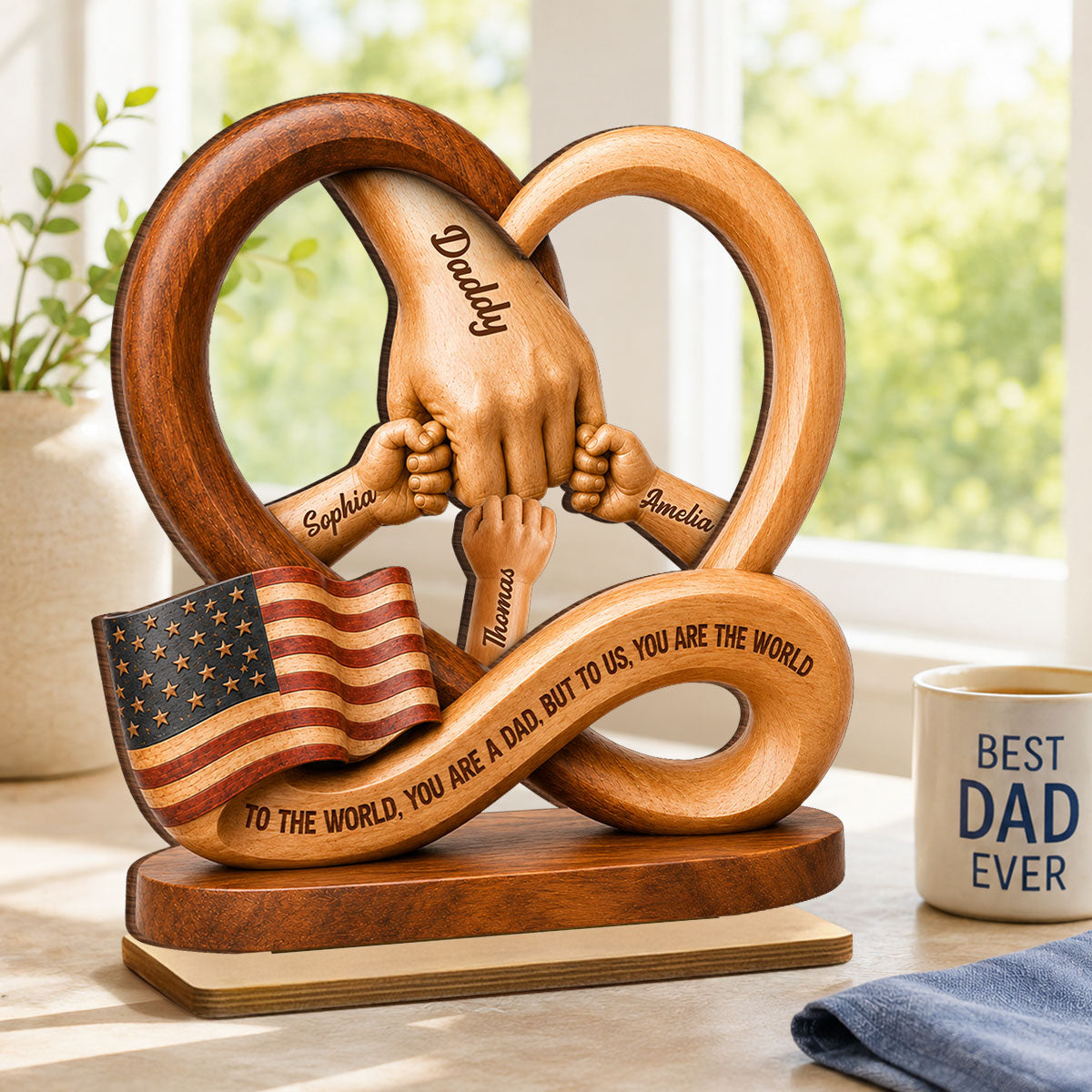 Personalized dad wooden plaque with custom kid fist bump design and American flag detail for Father's Day image 6