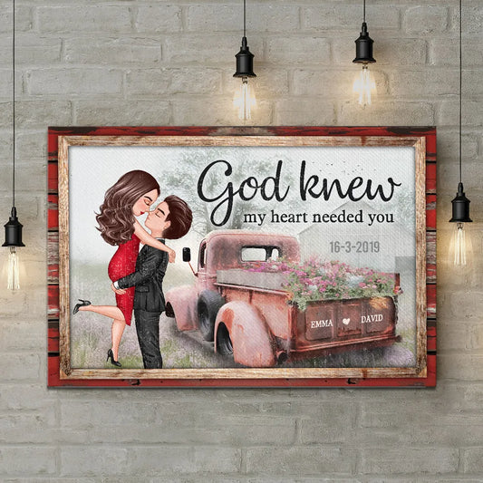Personalized Red Vintage Truck Farmhouse Couple Hugging Kissing Canvas / Poster - Custom Anniversary Valentine's Day Gift For Him For Her