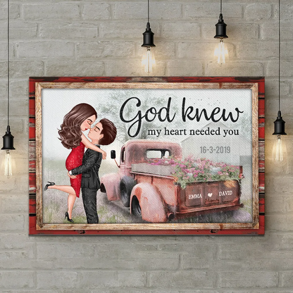 Personalized Red Vintage Truck Farmhouse Couple Hugging Kissing Canvas / Poster - Custom Anniversary Valentine's Day Gift For Him For Her