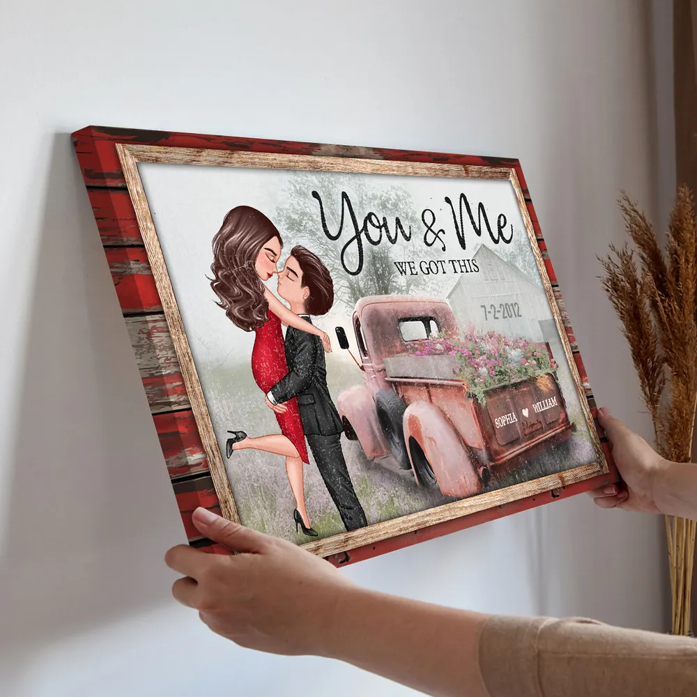 Personalized Red Vintage Truck Farmhouse Couple Hugging Kissing Canvas / Poster - Custom Anniversary Valentine's Day Gift For Him For Her