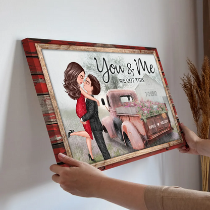 Personalized Red Vintage Truck Farmhouse Couple Hugging Kissing Canvas / Poster - Custom Anniversary Valentine's Day Gift For Him For Her