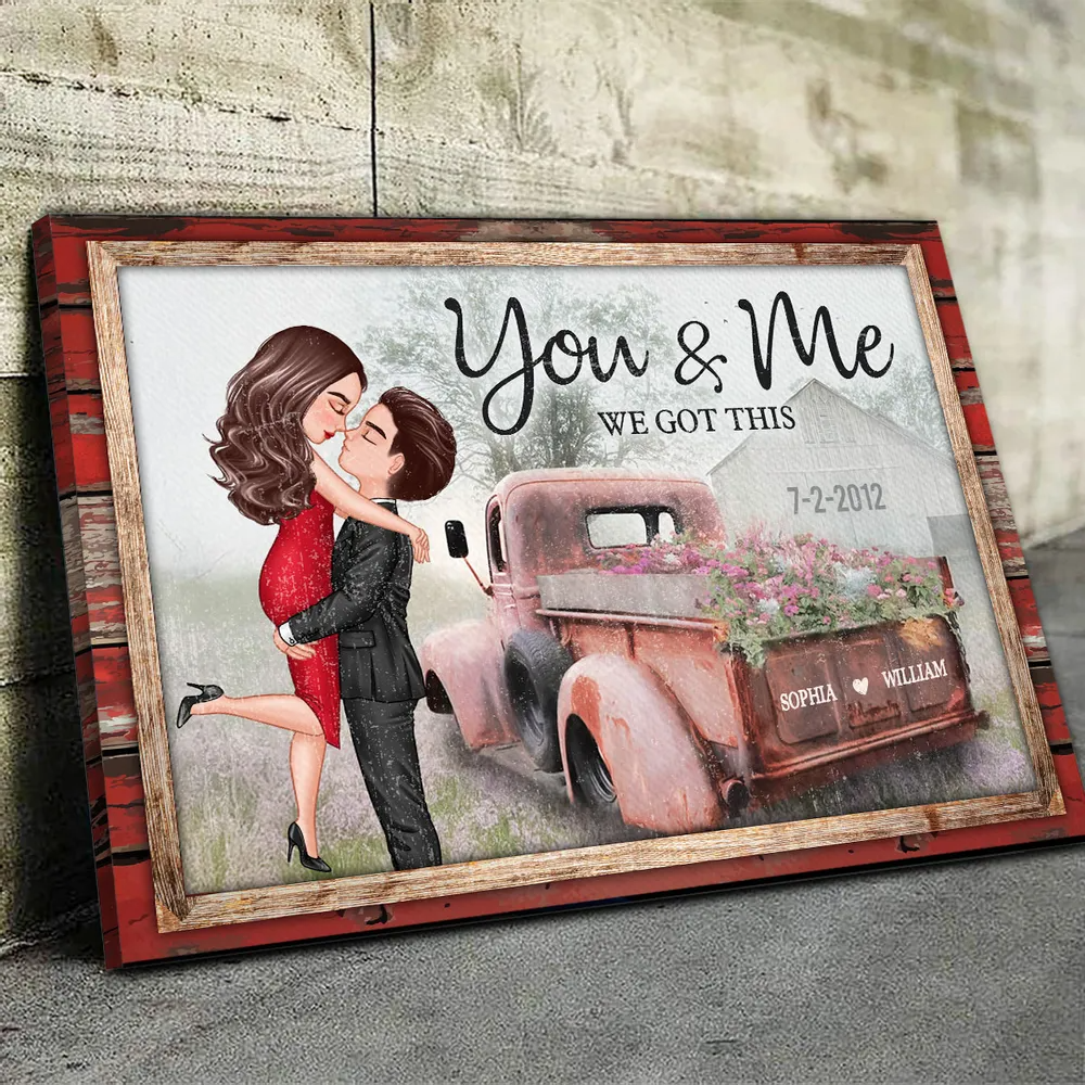 Personalized Red Vintage Truck Farmhouse Couple Hugging Kissing Canvas / Poster - Custom Anniversary Valentine's Day Gift For Him For Her