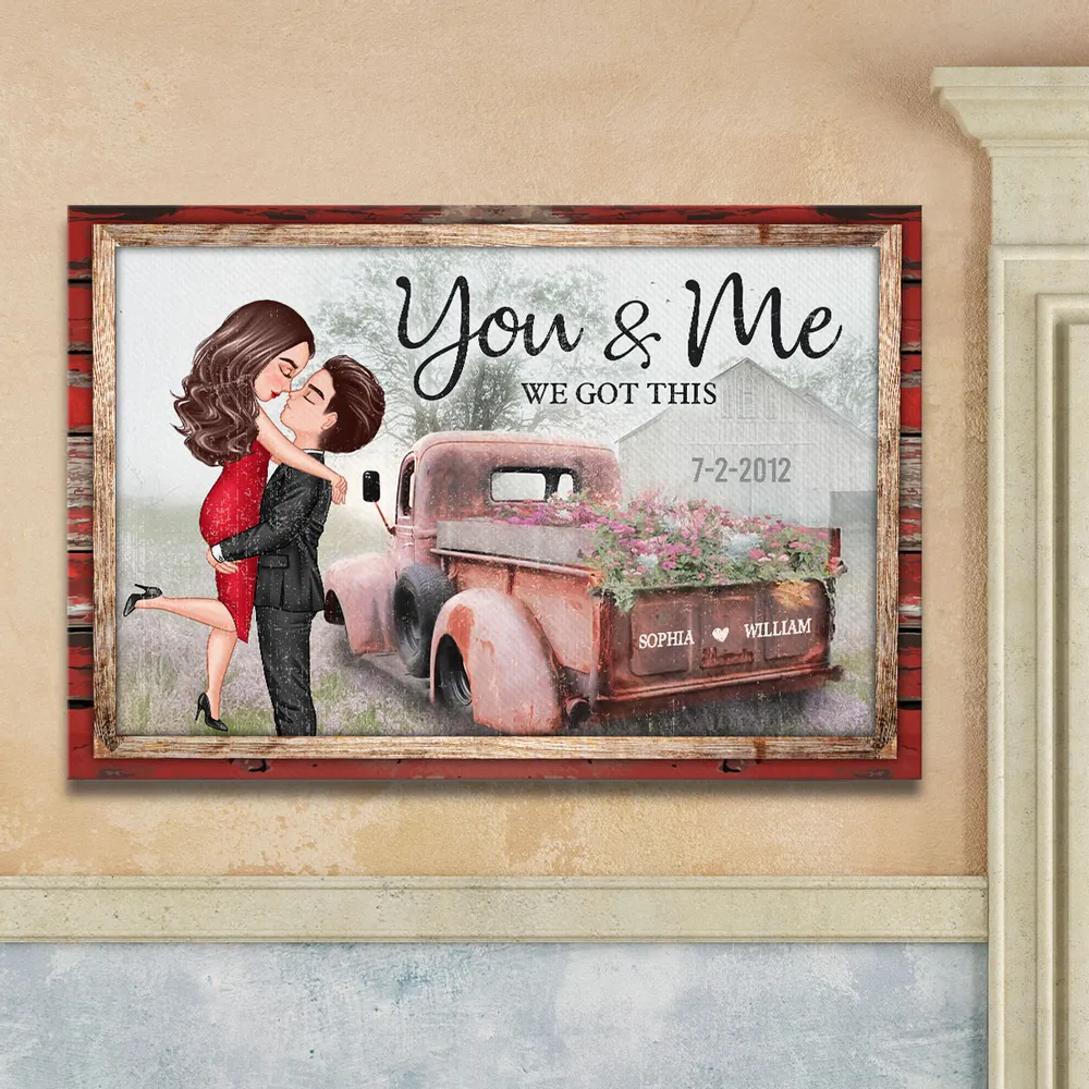 Personalized Red Vintage Truck Farmhouse Couple Hugging Kissing Canvas / Poster - Custom Anniversary Valentine's Day Gift For Him For Her