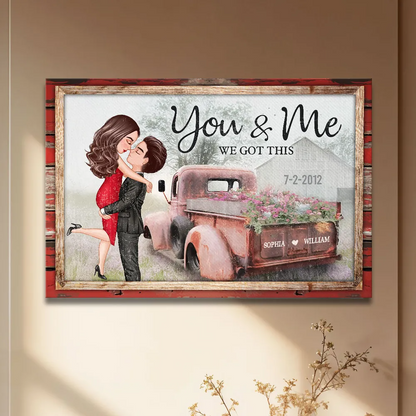 Personalized Red Vintage Truck Farmhouse Couple Hugging Kissing Canvas / Poster - Custom Anniversary Valentine's Day Gift For Him For Her