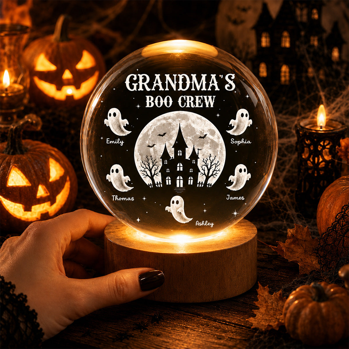Personalized grandma night light featuring custom ghost names around a haunted house crystal ball decoration image 6